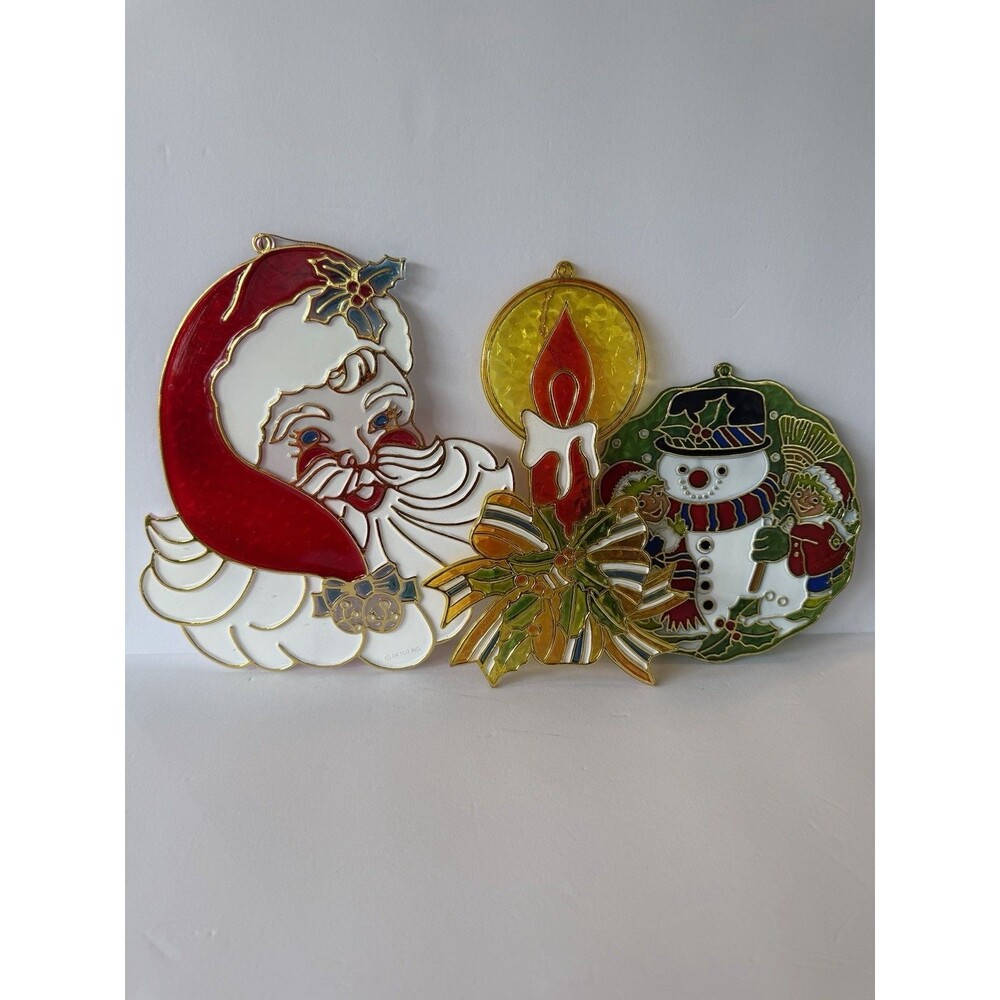3 Christmas Suncatchers Santa Face Snowman Candle Stained Glass Style Hanging